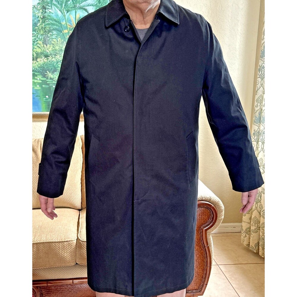 Bill Blass Menswear Black Trench Coat Button Front Zip Out Faux Fur Lining Large